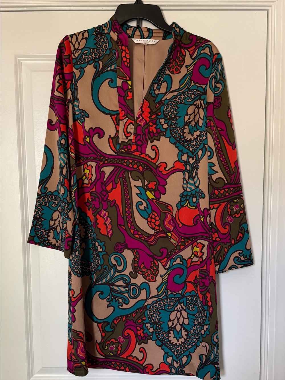 Trina Turk Teal Fuchsia and Tan Paisley Tunic Dress